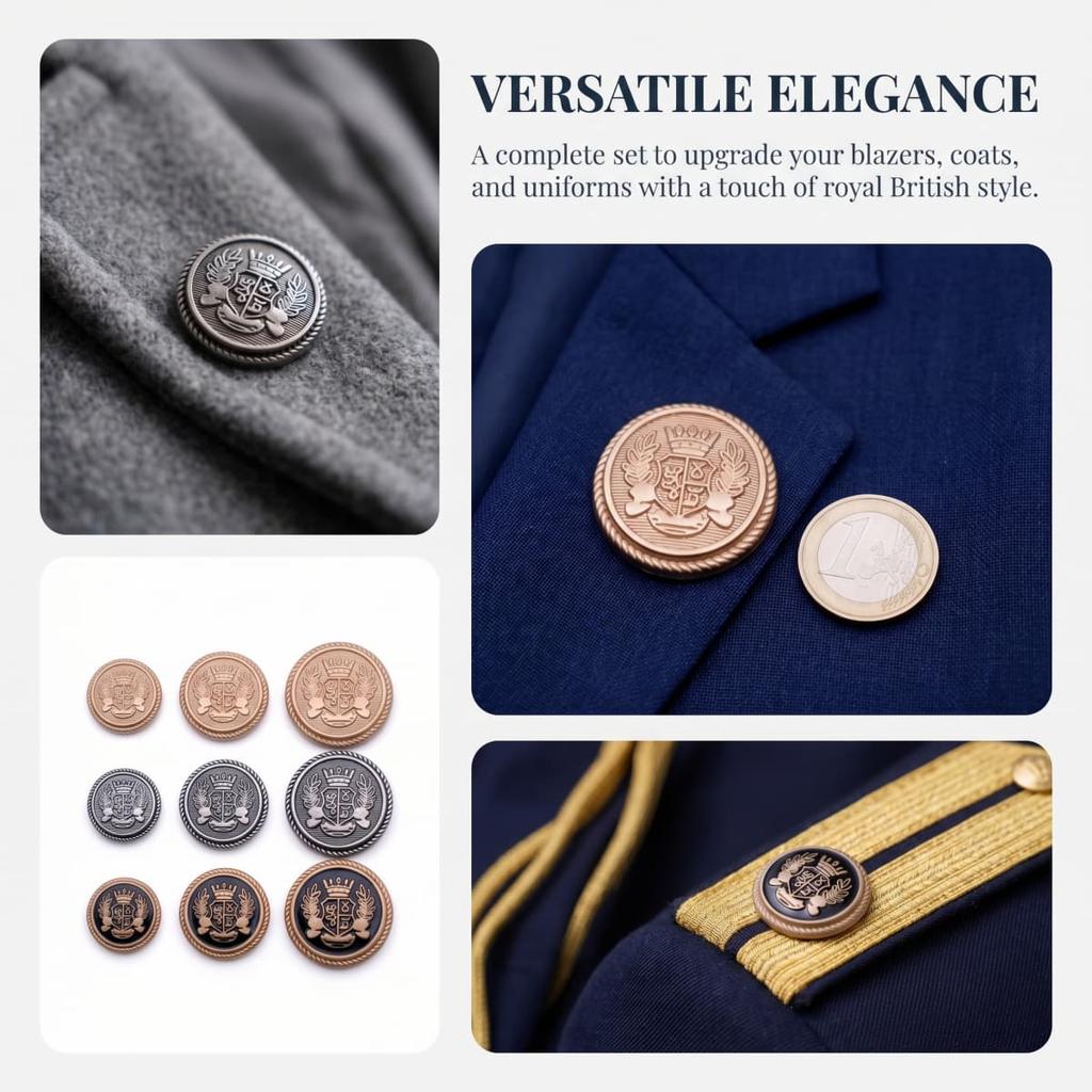 10Pcs Vintage Metal Buttons Set 15/20/25mm, Stylish Buttons for Coats Jeans Backpacks, Durable Sewing Buttons with Antique Crown