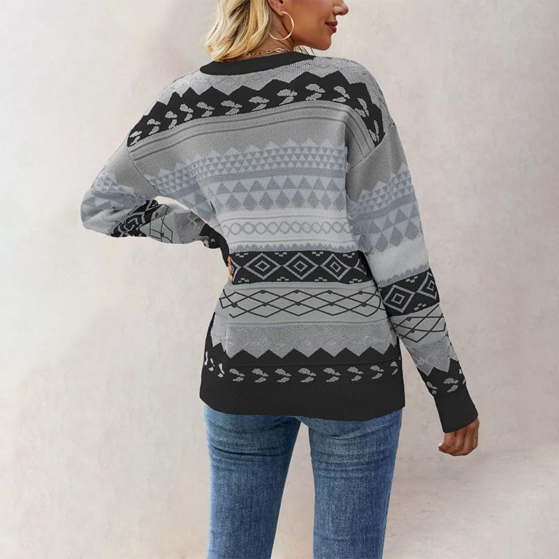 Autumn/Winter 2026 Women's Retro Diamond Jacquard Multicolor Patchwork Knit Pullover Sweater