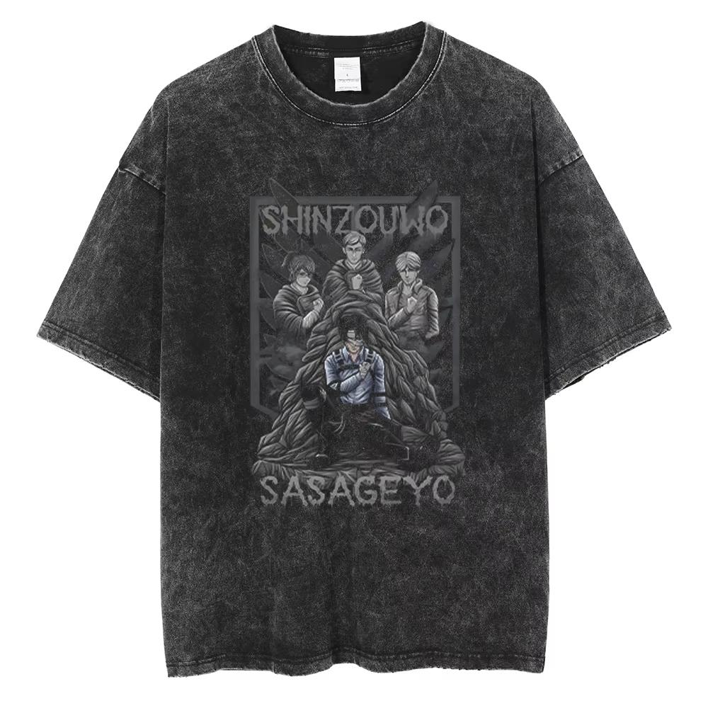 Anime Attack on Titan Levi Graphic Washed T Shirt Men Vintage Cotton T-shirts Casual Manga TShirt Harajuku Tops