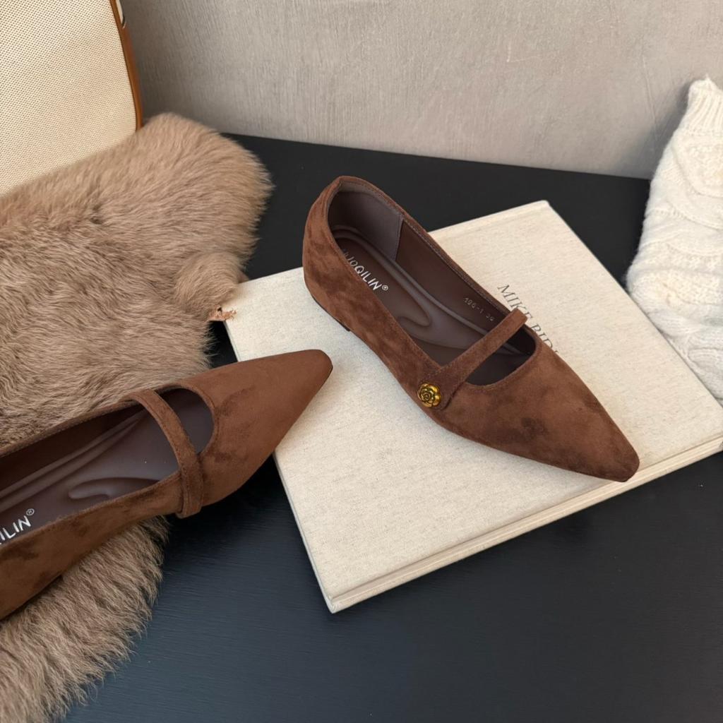 2025 Autumn and Winter New European and American Suede Camellia Pointed Thick Sole Inner One-word Buckle Single Shoes