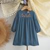 Korean Version Long Sleeve Blue Girls Casual Dresses Autumn Imitation Denim Flower Embroidery Dress Kids Clothes