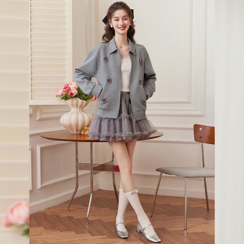 Bailuyu Elegant Lapel Cardigan with 3D Floral Embellishment
