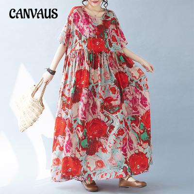 Plus Size Women's Simple Fashion Bohemian Long Dress Summer Short Sleeve Round Neck Printed Dresses
