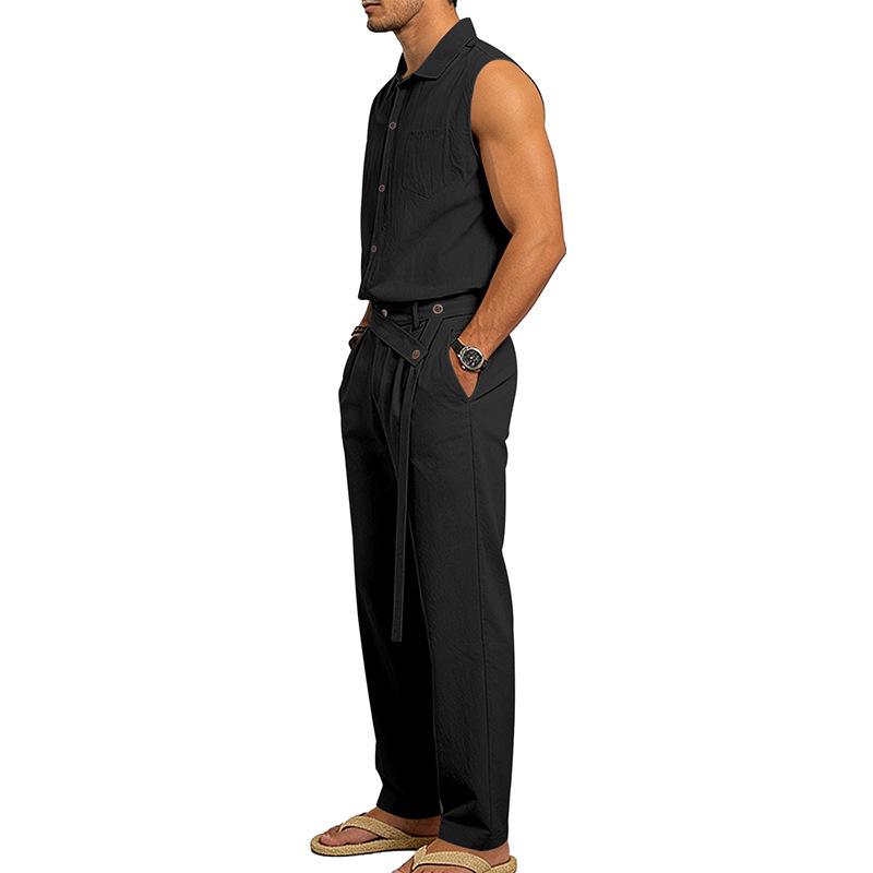 Men's European Summer Linen Sleeveless Shirt & Long Pants Set - Breathable & Trendy Two-Piece