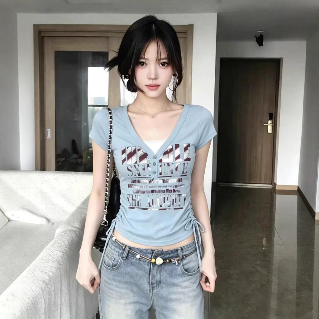American V-neck Lace Short-sleeved T-shirt Women's Summer New Slim and Thin Drawstring Design Top Trendy