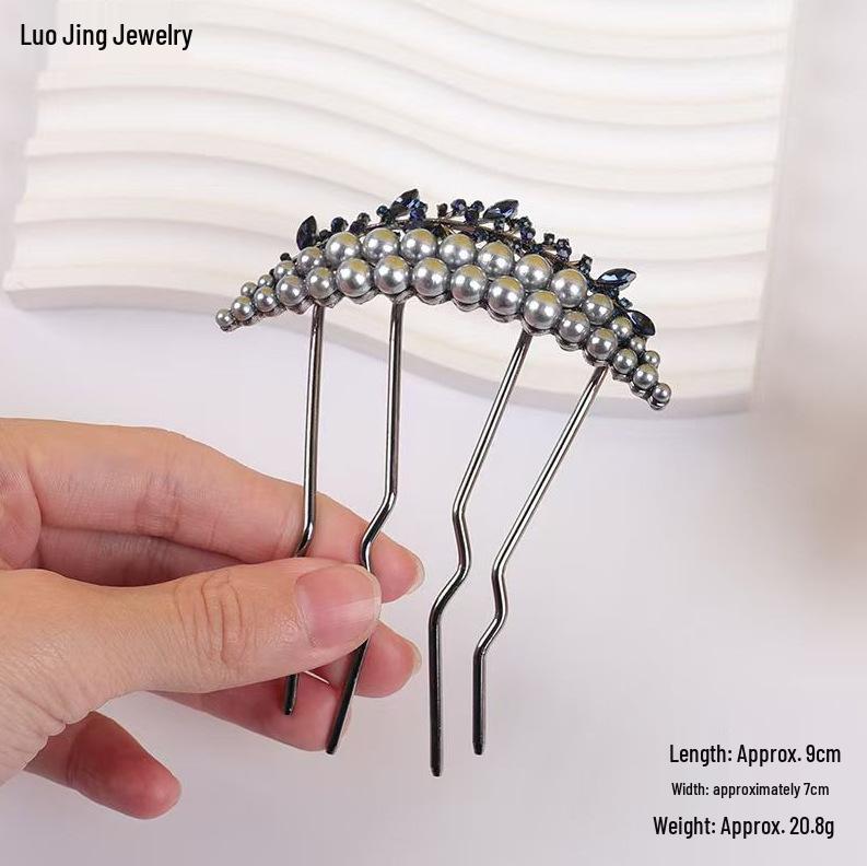 Épingle à cheveux vintage en forme de U avec pompon paon pour femmes - Épingle à chignon nacrée pour Cheongsam et Hanfu