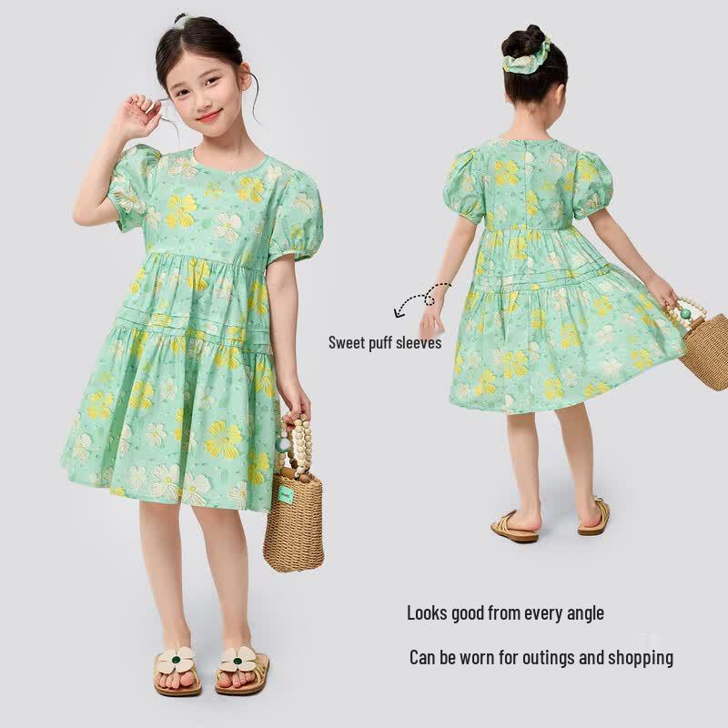Girls' 100% Cotton Floral Puff Sleeve Princess Dress