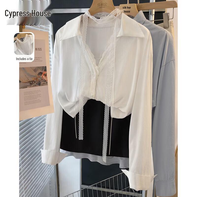 Women s Lyocell Blend Lace Ribbon Lapel Shirt L