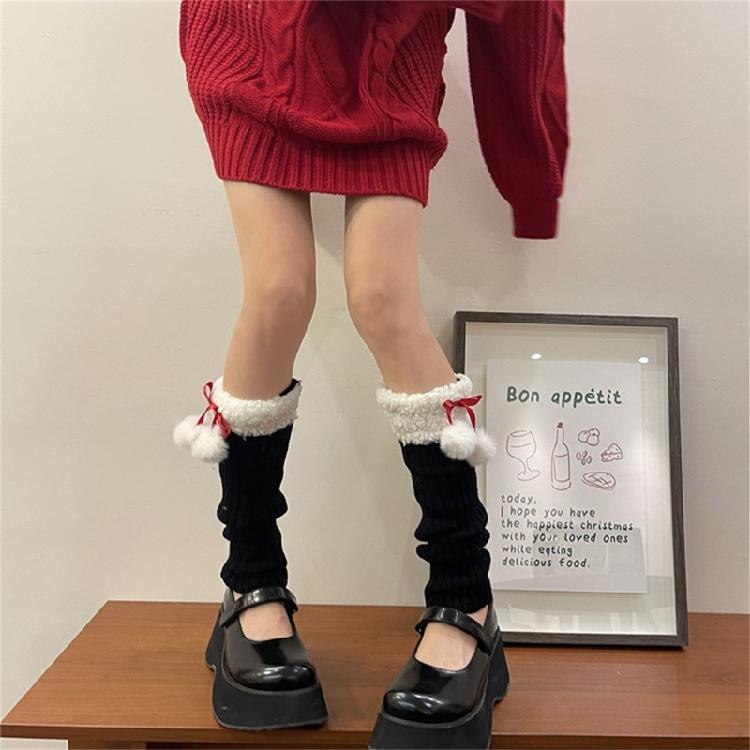 Y2K Women Knit Leg Warmer Christmas Plush Bow Furry Trim Srunch Long Boot Socks
