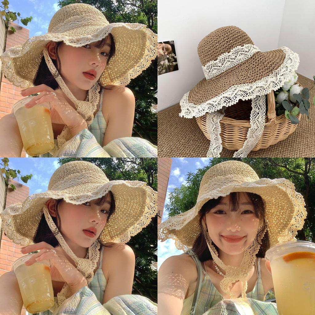 Korean Style Summer Wide Brim Hat For Women Lightweight Breathable Lace Sun Protection