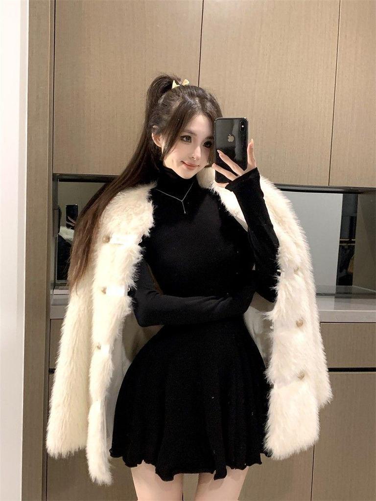 Women's Autumn/Winter Slimming High Neck Fluffy Skirt Dress - Versatile Solid Color, Spicy Girl Style