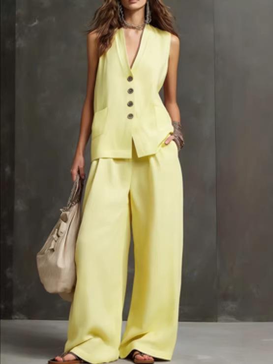 2026 Women's Cotton Linen Two-Piece Sleeveless Vest & Wide-Leg Pants Set