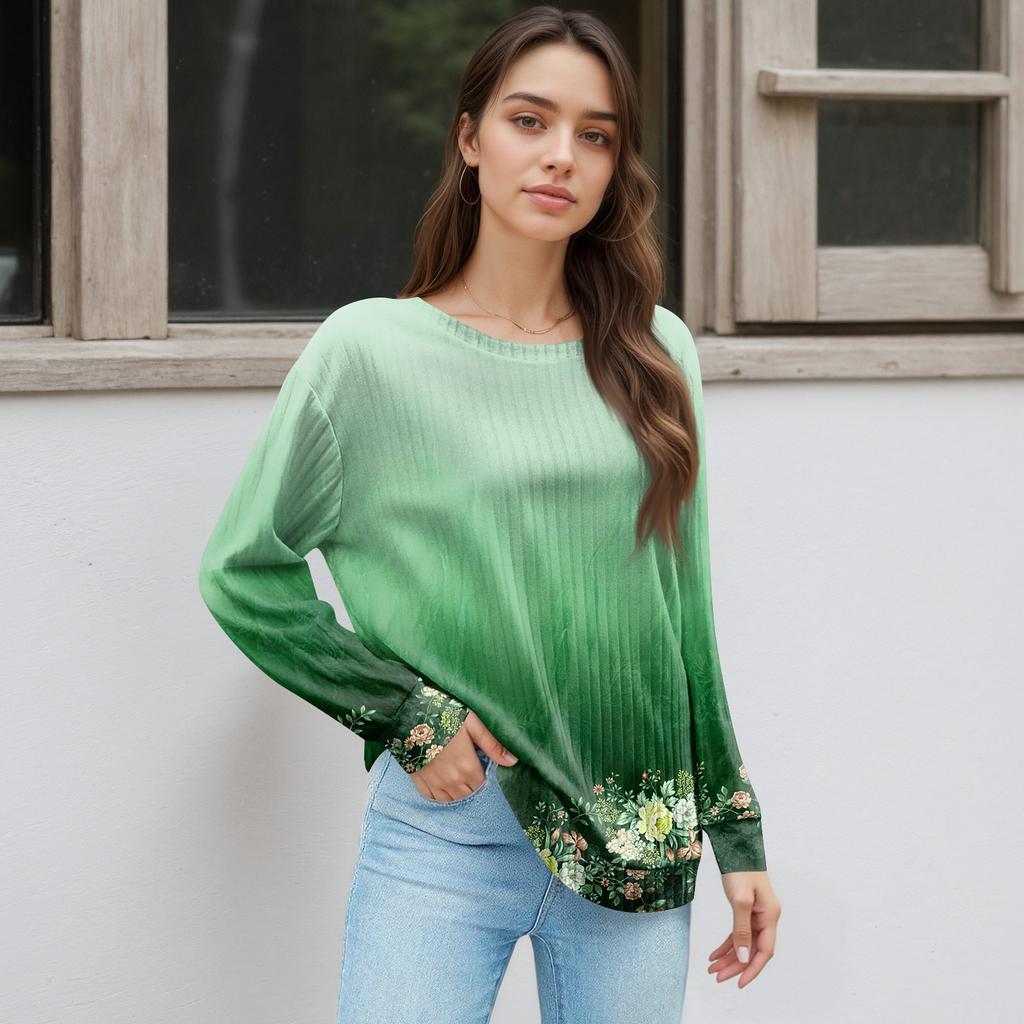 Women's Printed Lightweight Brushed-Cotton Round Neck Top