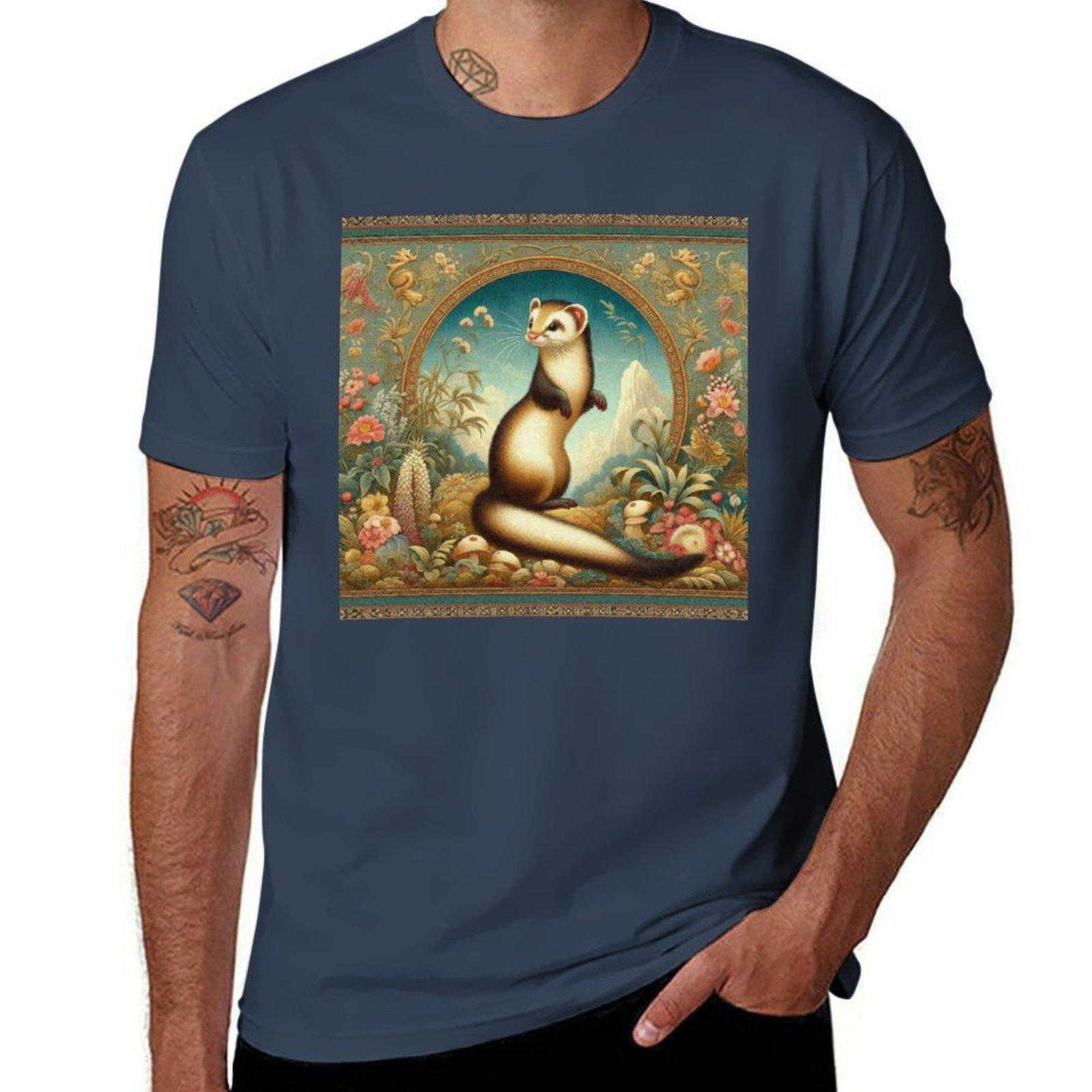 Cute Weasel In Floral Garden Tshirt Work Duty Casual Tshirt S