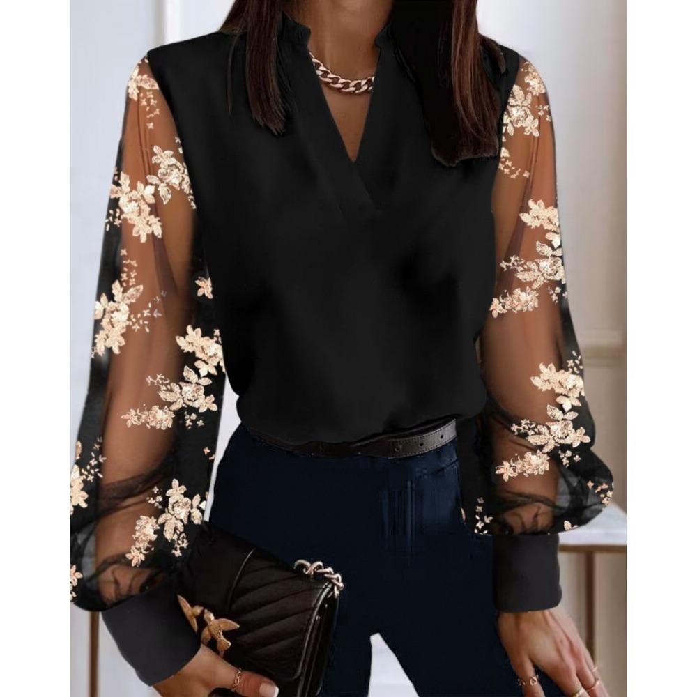 

IHUASU Модная женская рубашка с V-образным вырезом и кружевом, с длинным рукавом, Осень-Зима S