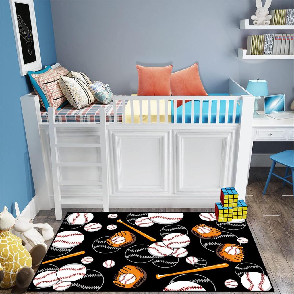 Baseball Rug for Boys Bedroom and Playroom, Non-Slip Sport Carpet, Living Room and Bedroom Decor