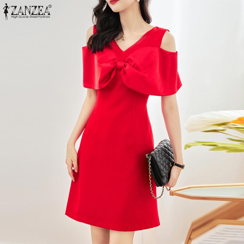 

ZANZEA Женское повседневное летнее платье трапециевидной формы с открытыми плечами и рукавами-рубашкой