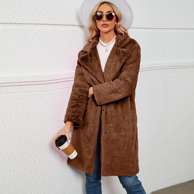 

6 Повседневный костюмный воротник пальто из искусственного меха плюшевое длинное пальто осенне-зимнее пальто XXXL кофейный