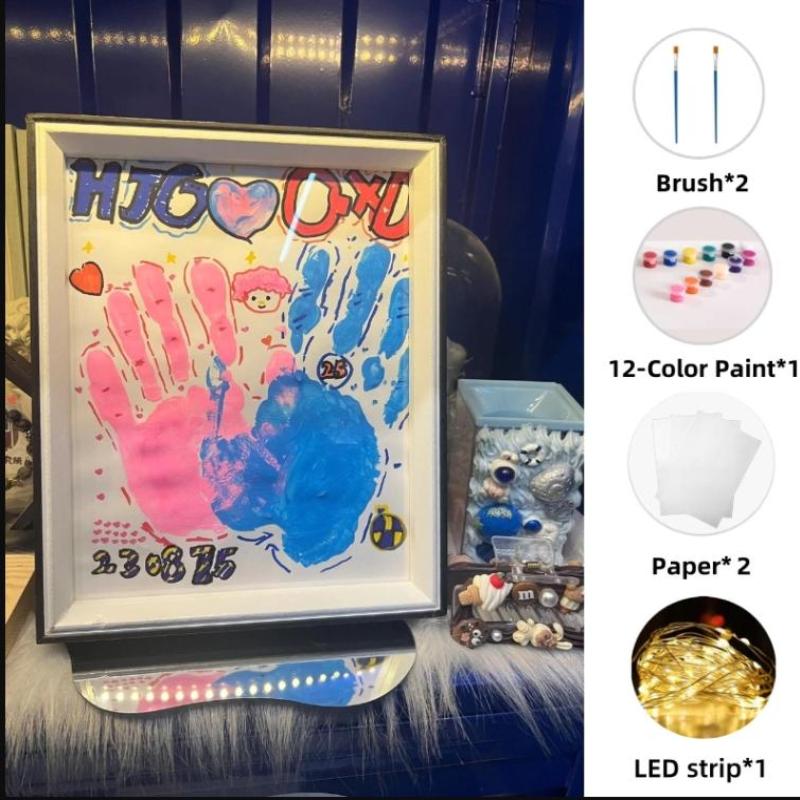 Diy Couple Hand Paint Shadow Box Frame Wooden Handprint Photo Frame 12-Color Paint Set Display Gifts