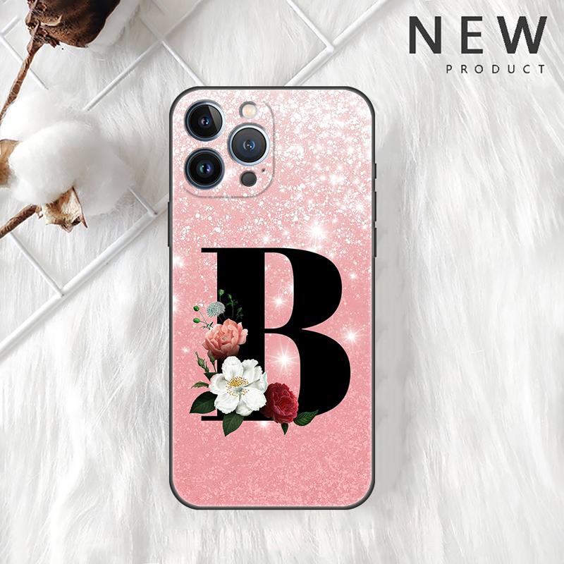 Letter A B C Flowers Pink Case For Apple iPhone 11 15 13 14 Pro Max 12 Plus X 15Pro Black Silicone Phone Coque