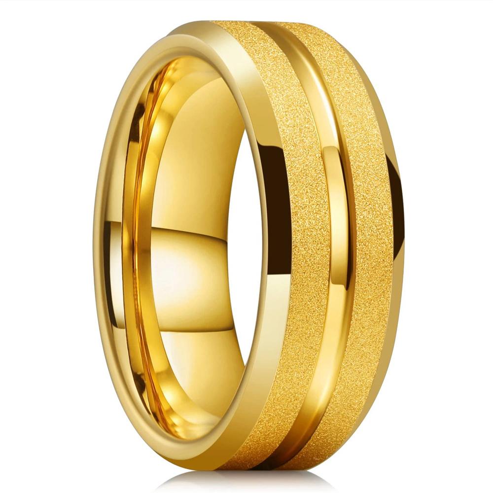 Trendy 8mm Men Frosted Stainless Steel Rings, Gold Color Brushed Groove Beveled Edge Engagement Rings For Men, Wedding Jewelry