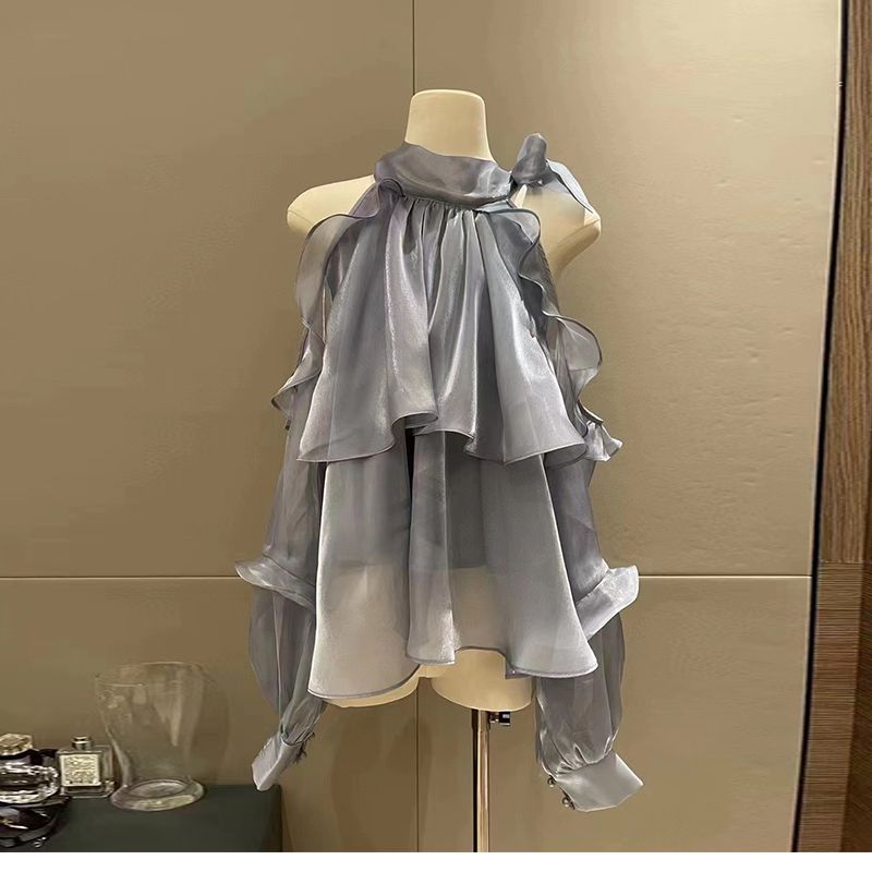 

Мода ранней весны без бретелек, оборки, нишевый стиль, топы с длинными рукавами Grey L