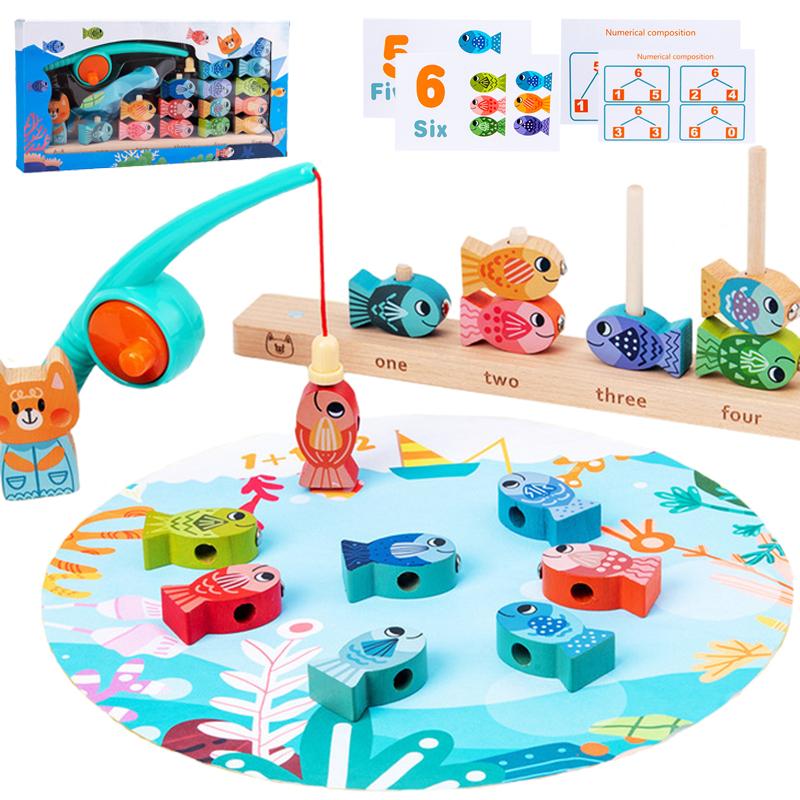 Interesting Toys Baby Magnetic Fishing Multifunctional Montessori Wooden Toys Preschool Early Educational Color Stacking Number Count Blocks Set