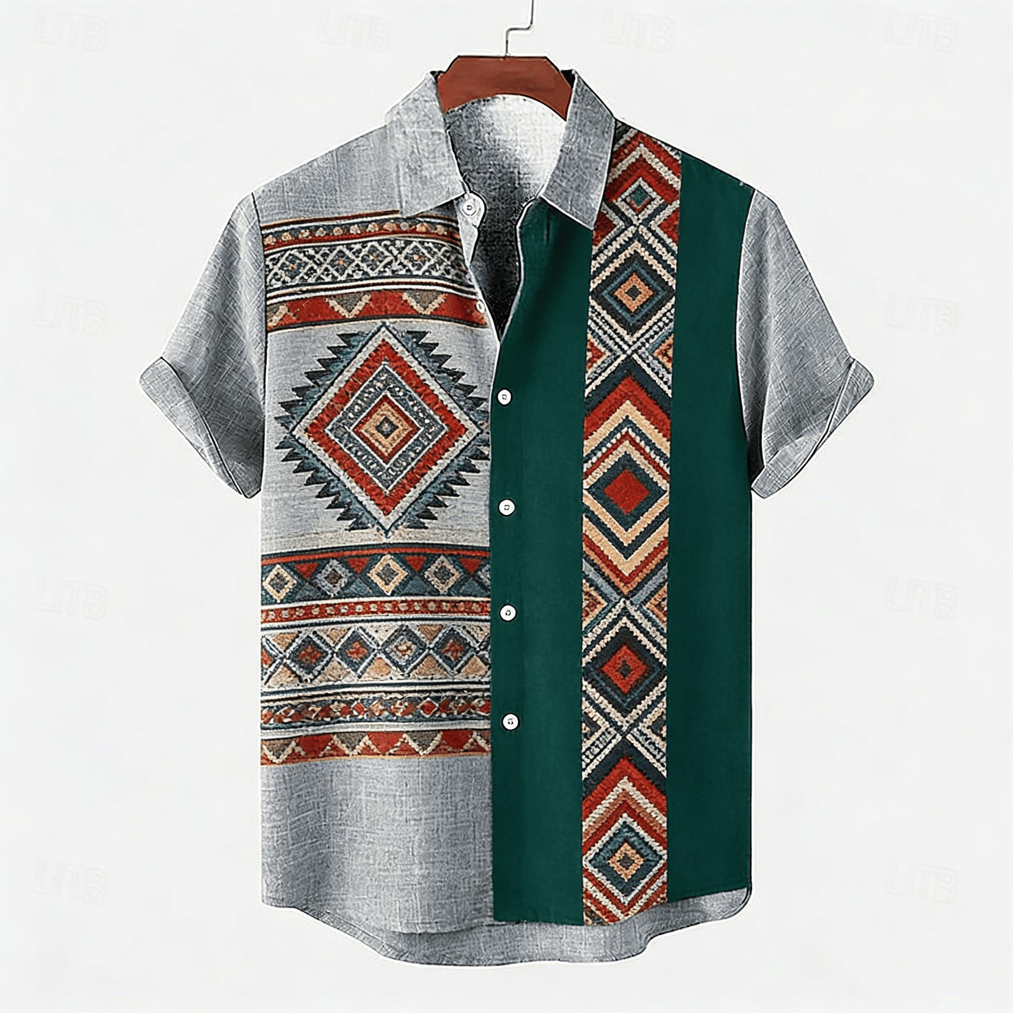 Men s Ethnic Aztec Geometric Print Short Sleeve Shirt, Pattern with Color Block Design Button Down for Spring Summer XS