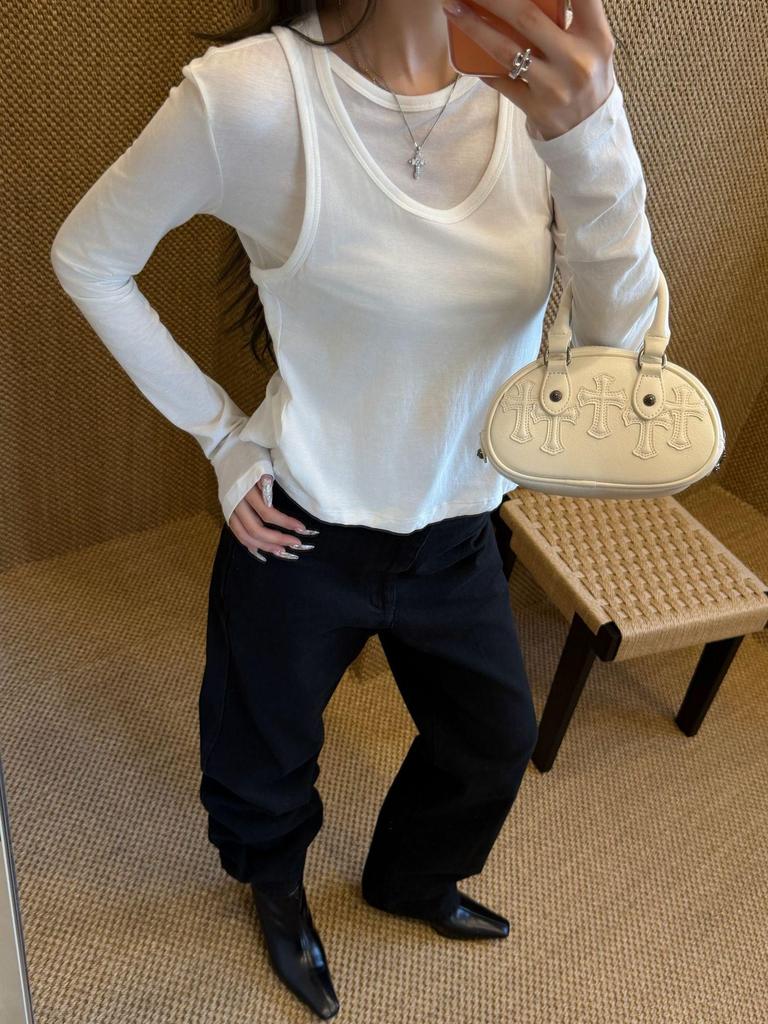 Nanyou T Row Wind Pure Cotton Layered Tank & Long Sleeve Set - Skin-Friendly, Versatile, Round Neck Women's Top