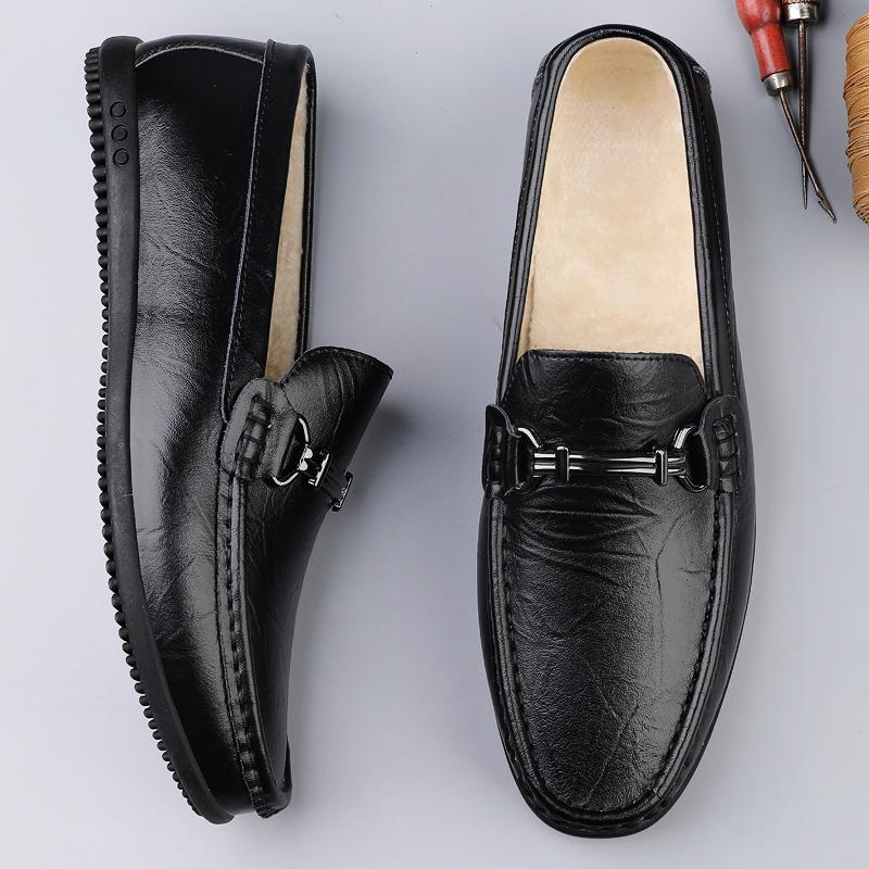 Plush Penny Loafers Men Casual Shoes Leather Dress Shoes Slip-on Sneaker Flats Winter Fur Moccasins Fleece-lined Driving Shoes
