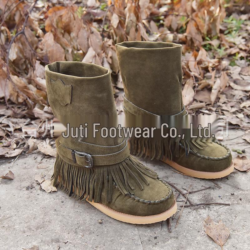 2022 Herbst Winter Europäisch Amerikanisch Übergröße Quaste Wadenmitte Flach Damen Lederstiefel