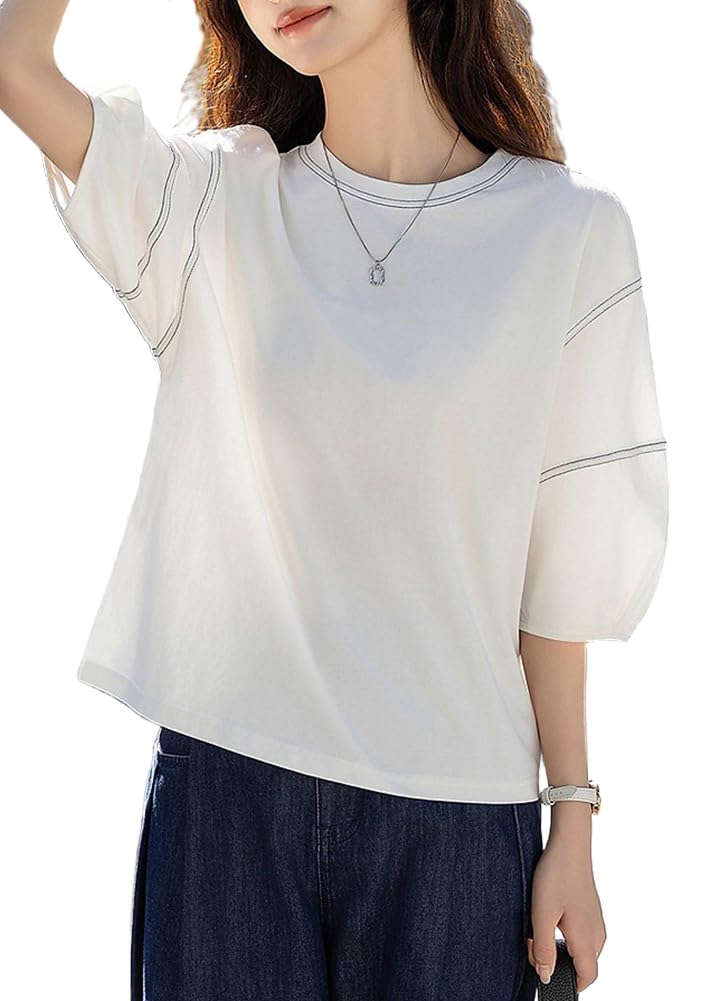 Blouse Summer Sleeve Puff Sleeve Top Crew Neck Loose Fit Body Covering Plain Jacket Feminine Cute Stylish Casual [H. zroy] Women's T-shirt 3/4