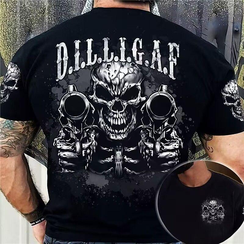 2026 New Summer Hot Sale Double Gun Skull Digital Printing Short Sleeve Boys Handsome Personality Crew Neck T-Shirt Top