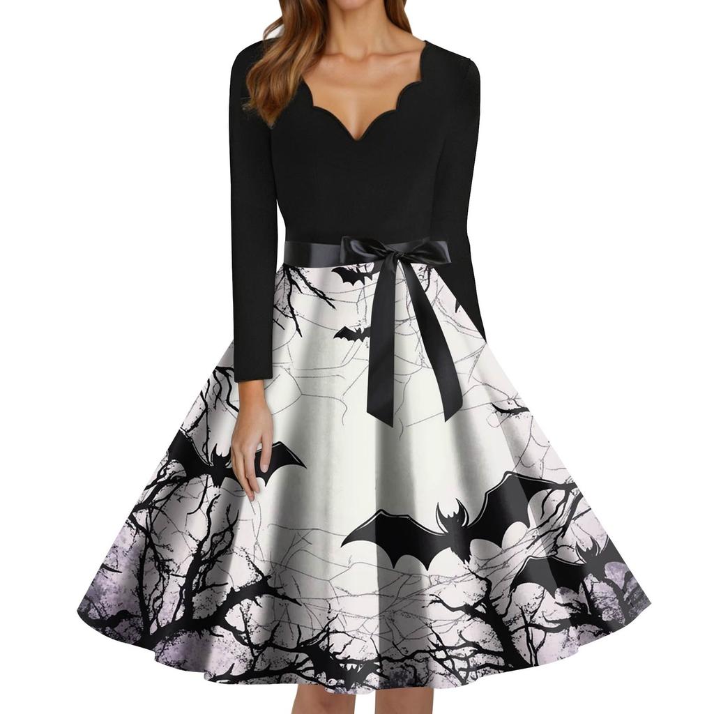 Dámské módní šaty s V-výstřihem, ležérního střihu, slim fit, s halloweenským potiskem, s dlouhým rukávem