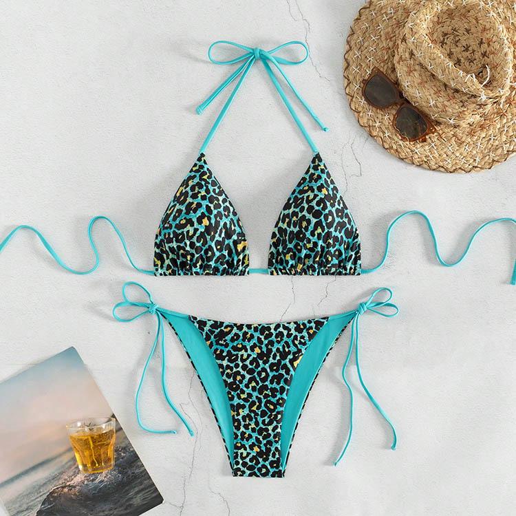 Women’s Leopard Print Bikini Swimsuit, Sexy Halter Backless Tankini Bathing Suit Two-Piece Tie Side Swimwear
