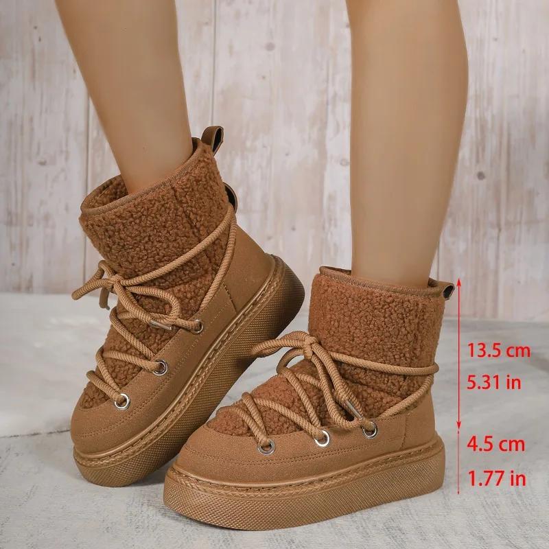 Fashion Fashion Lace Up Design Platform Womens Snow Boots Winter Faux Fur Flats Wool Warm Cotton Shoe Anti-slip Short Boot Botas