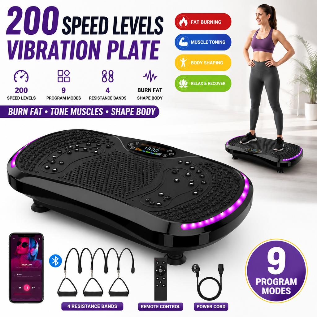 Whole Body Vibration Plate Exercise Machine, Bluetooth Speaker, 5 Auto Modes, LED Display, Resistance Bands for Home Fitness Training