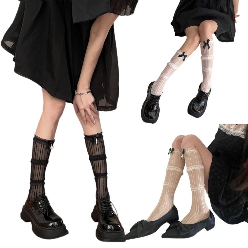 Womens Knee Length Lacy Edge Sock Bows Tie Stocking Bows Tie Long Fishnet Mesh Ballet Style Dance Sock for Summer