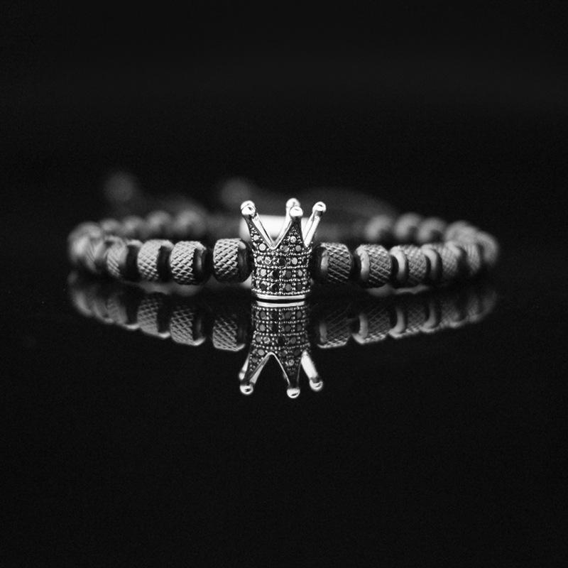 Men's Adjustable Braided Hip Hop Bracelet with Retro Copper Crown, Pineapple Beads, and Vacuum-Plated Titanium Steel.