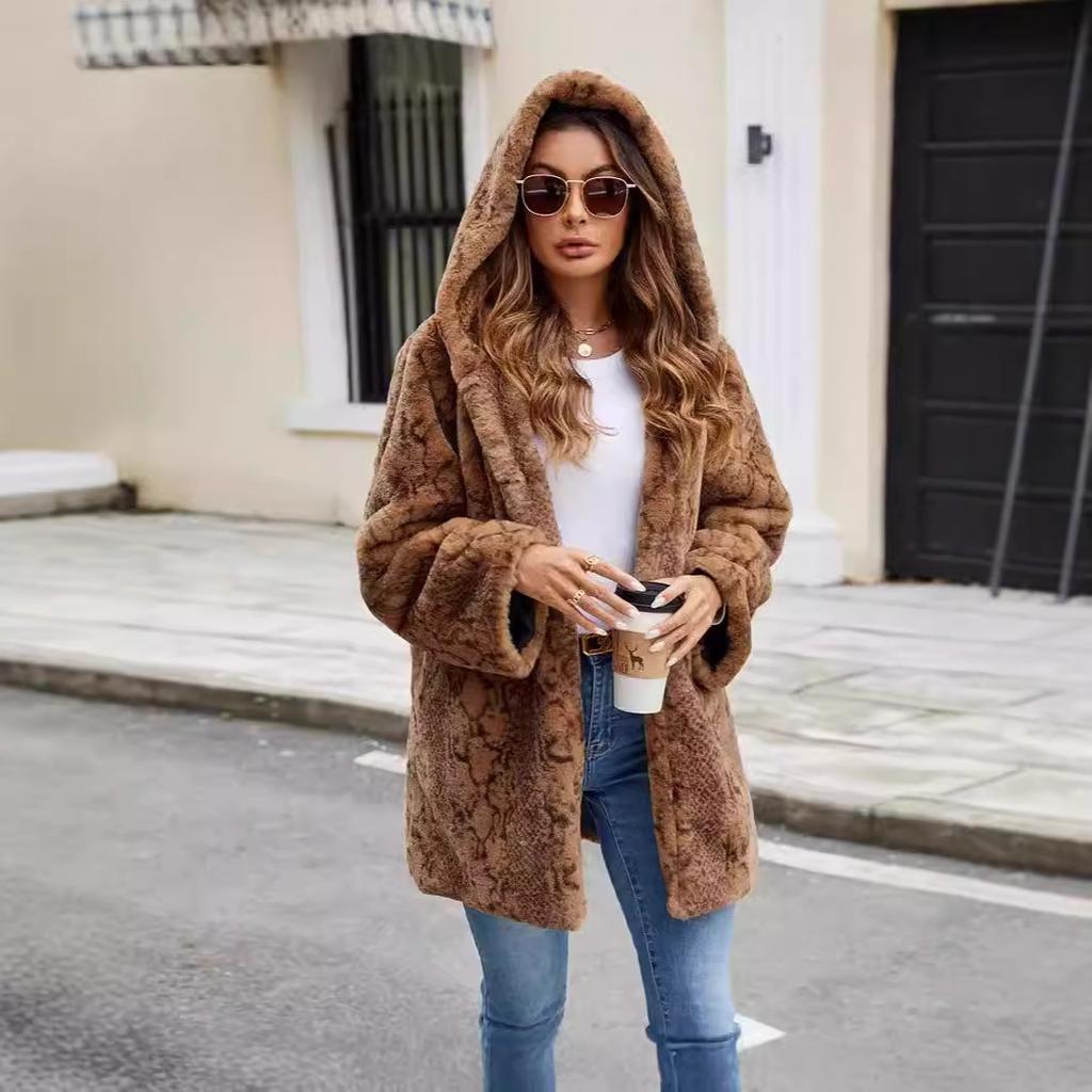 Leopard print plush thermal coat women's imitation fur coat cold coat multi-color