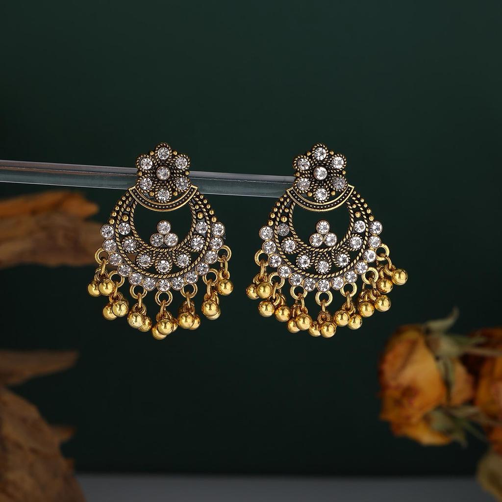 Bohemian Ethnic Rhinestone Tassel Petal Dangle Earrings for Women