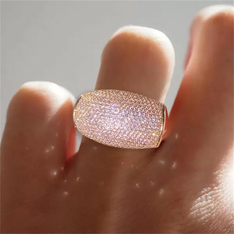 Luxury Micro Pave White CZ Women's Ring Aesthetic Gold Color Geometry Daily Wear Party Jewelry Anniversary Gift