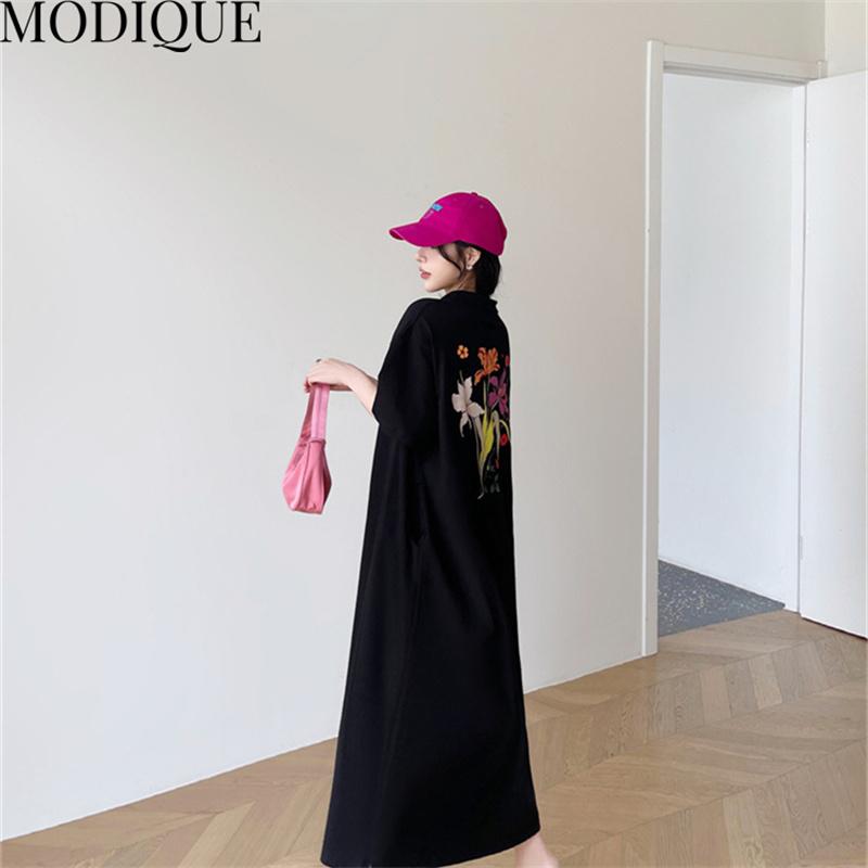 MODIQUE Summer Plus Size New Women Loose A-Line Printing Solid Color Long Dresses Elegant Lady Casual Cotton POLO Short Sleeve Skirt