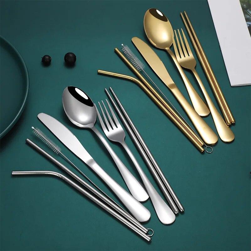 1set Silvery/Golden 304 Stainless Steel Straw Tableware Set Portable Knife Fork Chopsticks Straw and Brush