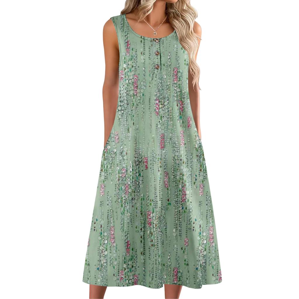 Women's Fashion Casual Sleeveless Button Floral Print Dress with Pocket