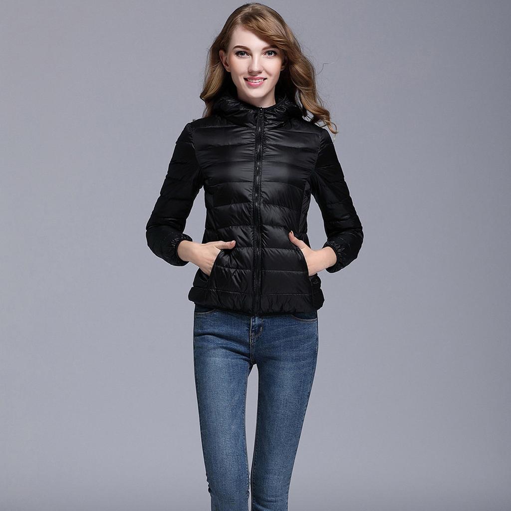 Women  Color Ultra Light  Jacket Solid Hooded Zippers Coat Down Jacket