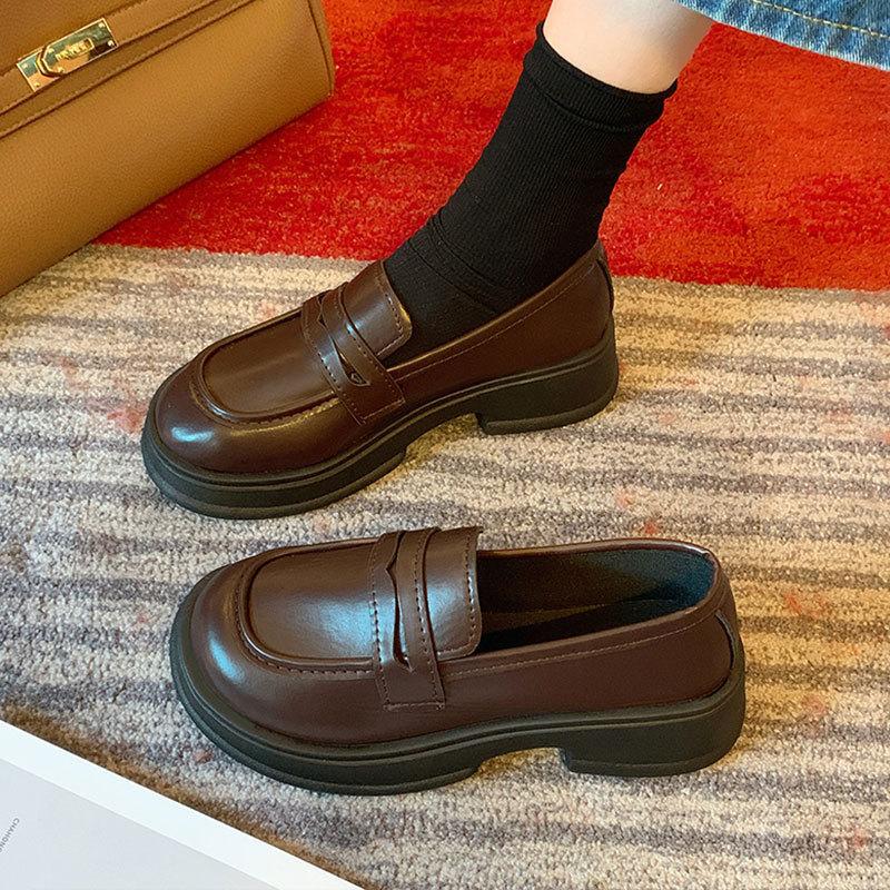 Lädskor Dam Sommar Brittisk Stil Blockklack Platå Loafers Dam College Casual Enkla