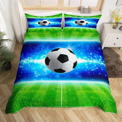 Sports Duvet Cover Set Microfiber Green Grass Field Soccer Playground Comforter Cover 3D Football Bedding Set King Queen Size
