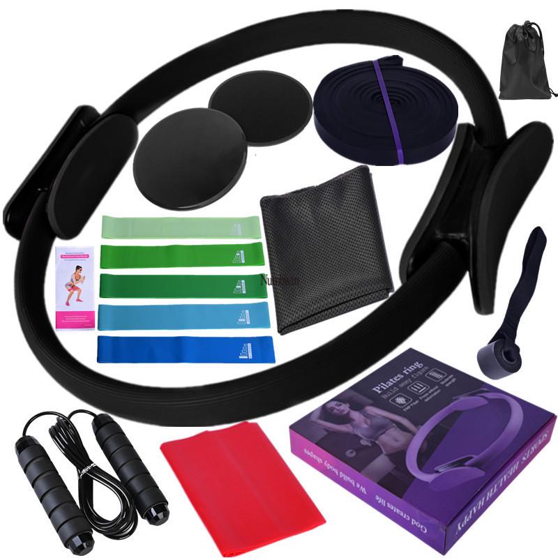 Fünfzehnteiliges Fitness-Set: Latex-Widerstandsbänder, Kühlhandtuch, Gleitscheiben, 3m Springseil, Pilates-Ring.