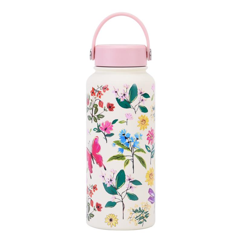 1L Thermos Cup Large Capacity Wide Mouth Portable Vacuum Sports Kettle Outdoor Printing Water Cup Female